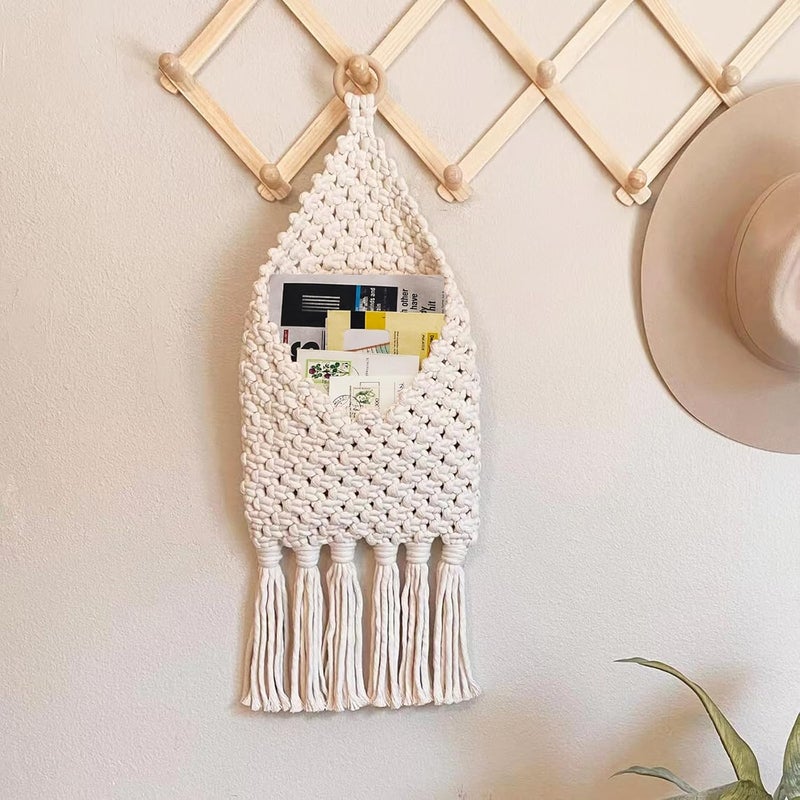 D-werack Macrame Mail Organizer Wall Mounted, Handmade Hanging Woven Basket for Boho Home Office Decor, Over the Door Key Letter Envelope File Holder for Entryway Hallway, White - Image 2
